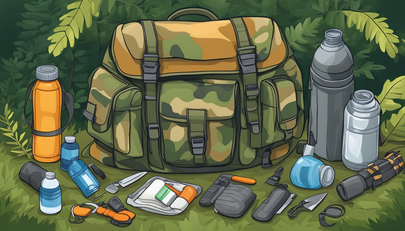 A hunting backpack filled with essential gear, including a knife, water bottle, first aid kit, and camouflage clothing, laid out on a forest floor