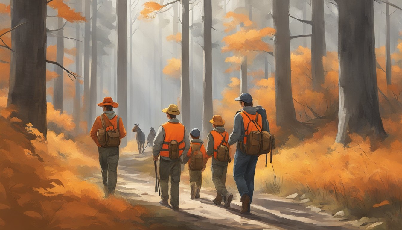 A group of young hunters in bright orange vests and hats, accompanied by an adult supervisor, carefully navigate through a wooded area, following the guidelines of hunting safety and regulation compliance