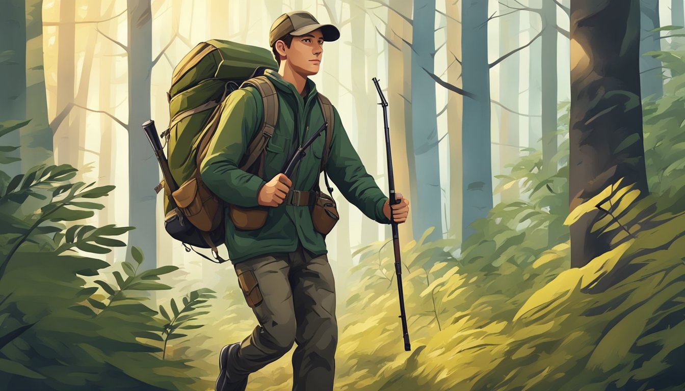 A young hunter walks through the woods, carrying a backpack filled with hunting gear. The forest is dense with trees and underbrush, creating a challenging hunting scenario