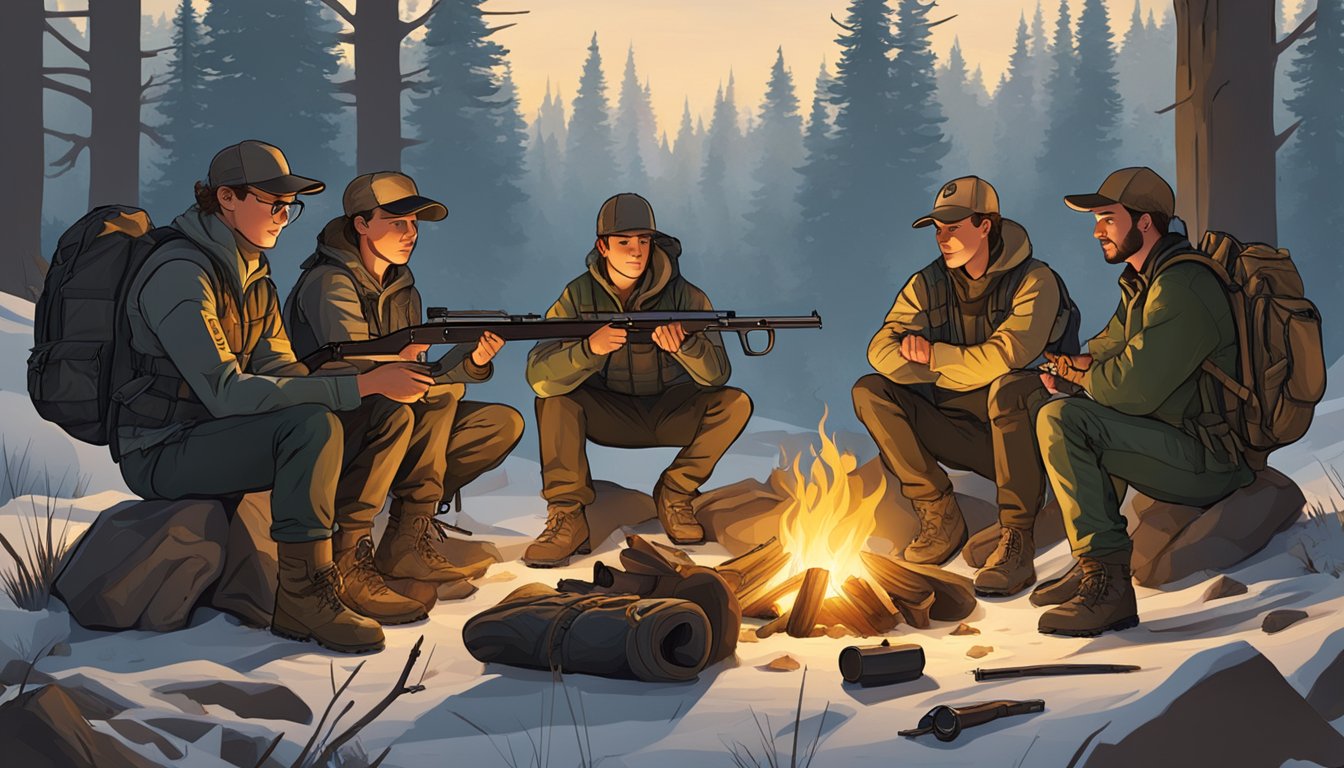 A group of young hunters gather around a campfire, preparing their gear and sharing stories. Rifles and backpacks lay scattered on the ground