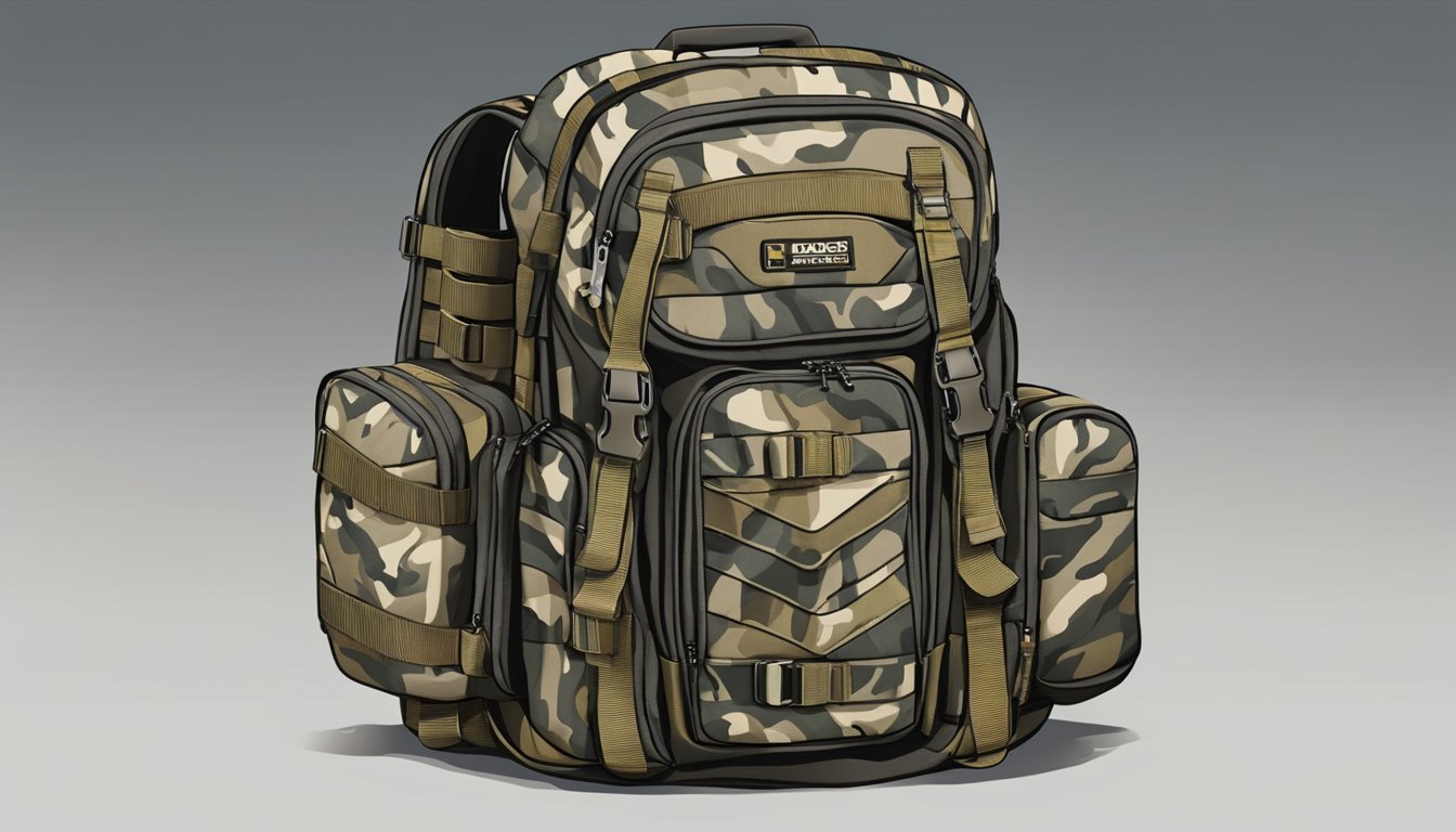 A rugged backpack with multiple compartments and durable straps, featuring advanced hunting gear and camouflage pattern