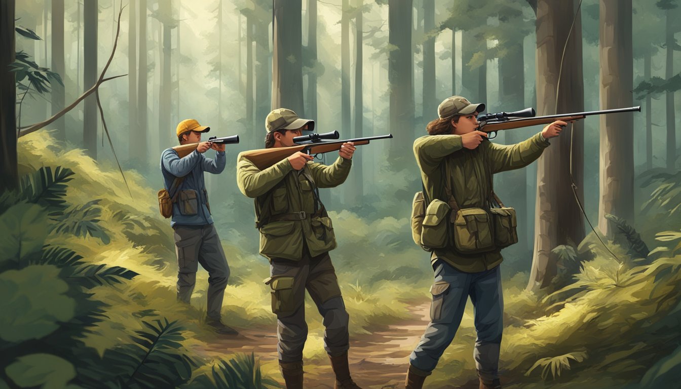 A group of young hunters navigating through a dense forest, carefully observing their surroundings and preparing to take aim at their targets