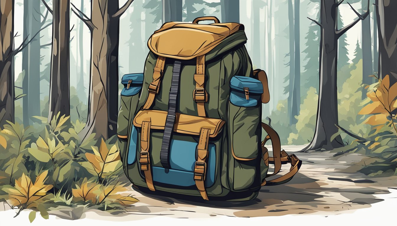 A rugged hunting backpack stands against a backdrop of dense forest, with durable straps and multiple pockets for gear