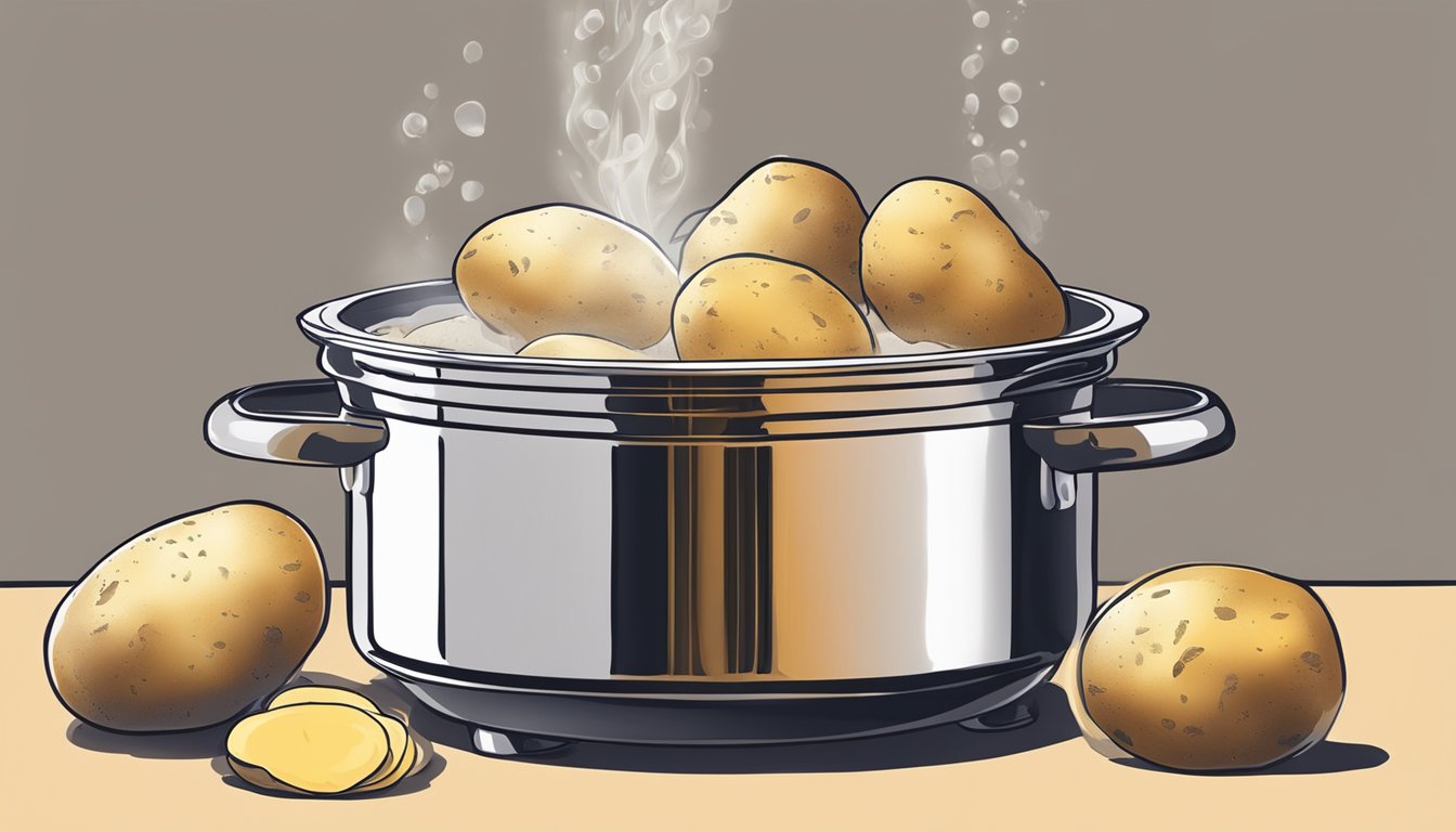 Potatoes being placed in a pot of boiling water, timer set