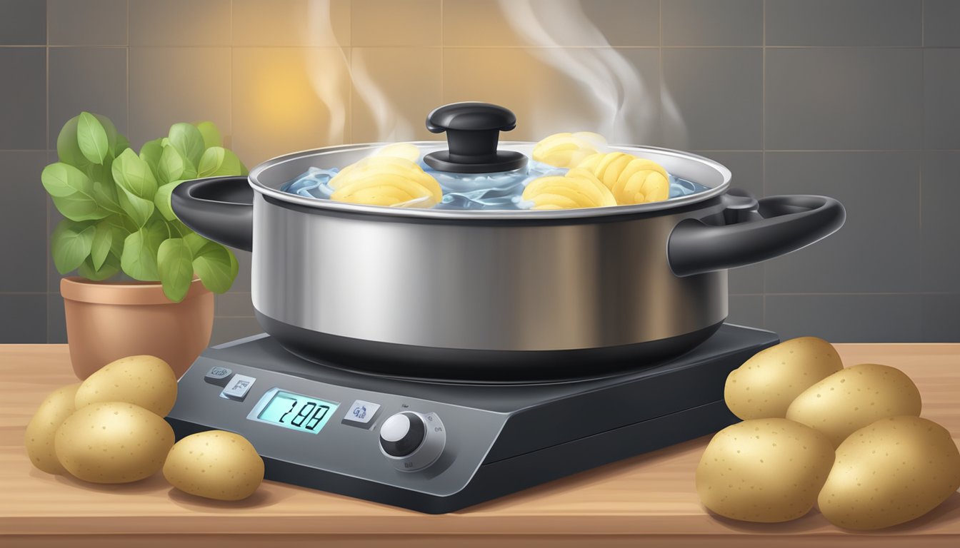 A pot of boiling water with potatoes inside, a timer set for the recommended cooking time