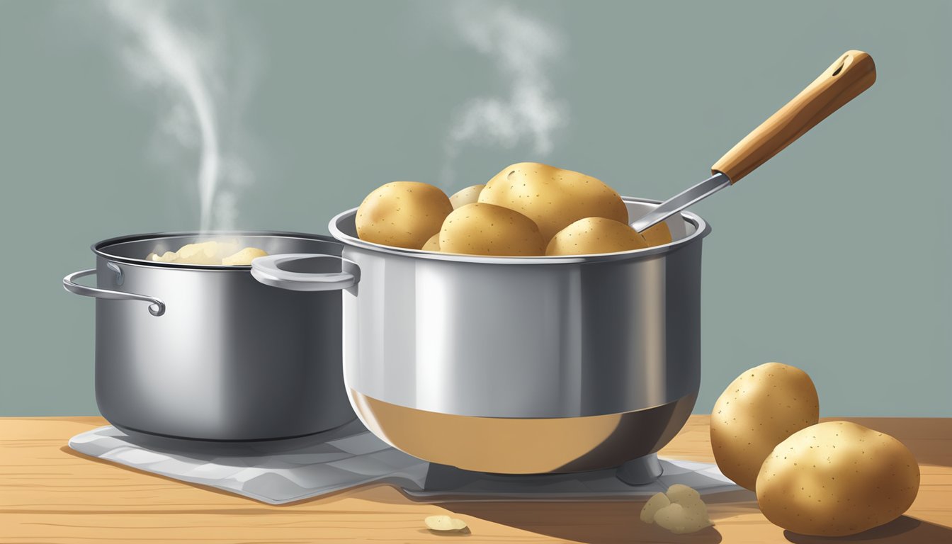 Potatoes boiling in a pot of water, steam rising, with a nearby bowl of seasoning and a masher ready for use