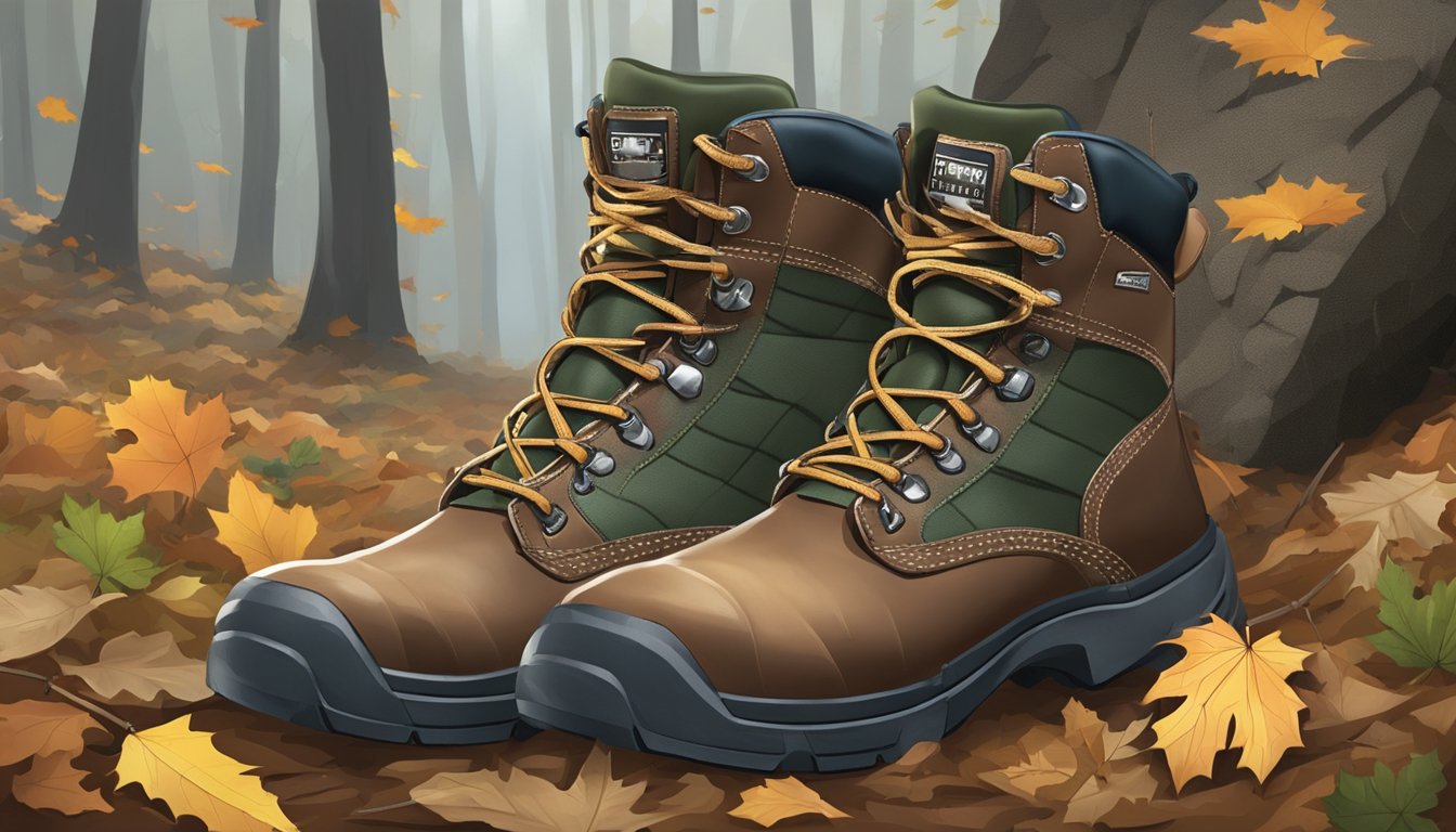 A pair of sturdy youth hunting boots stands on a rocky forest floor, surrounded by fallen leaves and twigs. The boots are made of tough, weather-resistant material, ready for rugged outdoor use