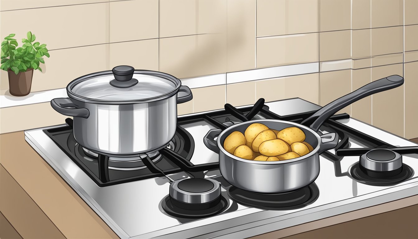 Potatoes boiling in a pot of water on a stove. Timer set for recommended time