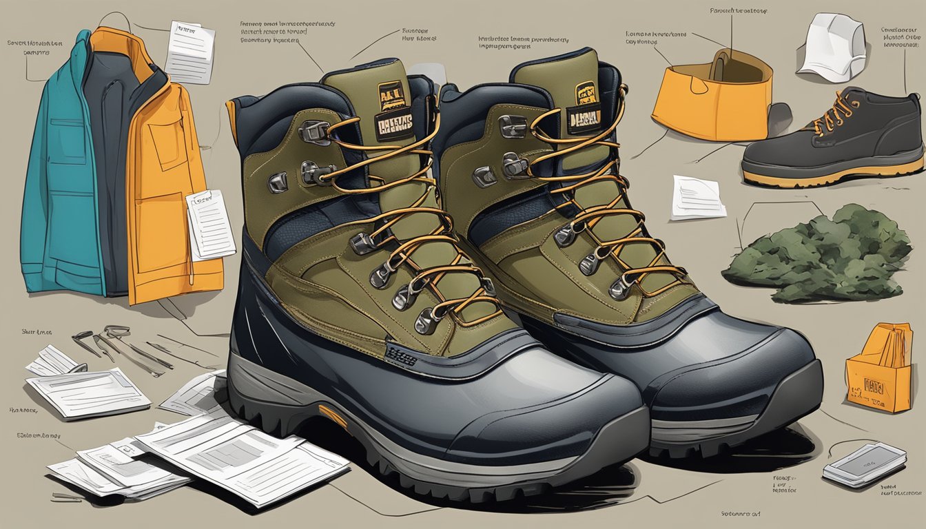 A pair of sturdy, waterproof youth hunting boots surrounded by various price tags and budgeting tips