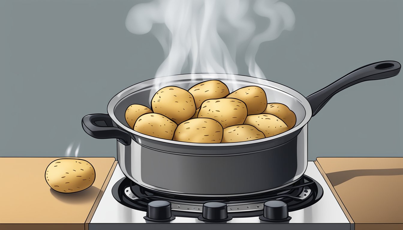 Potatoes boiling in a pot of water on a stovetop, steam rising