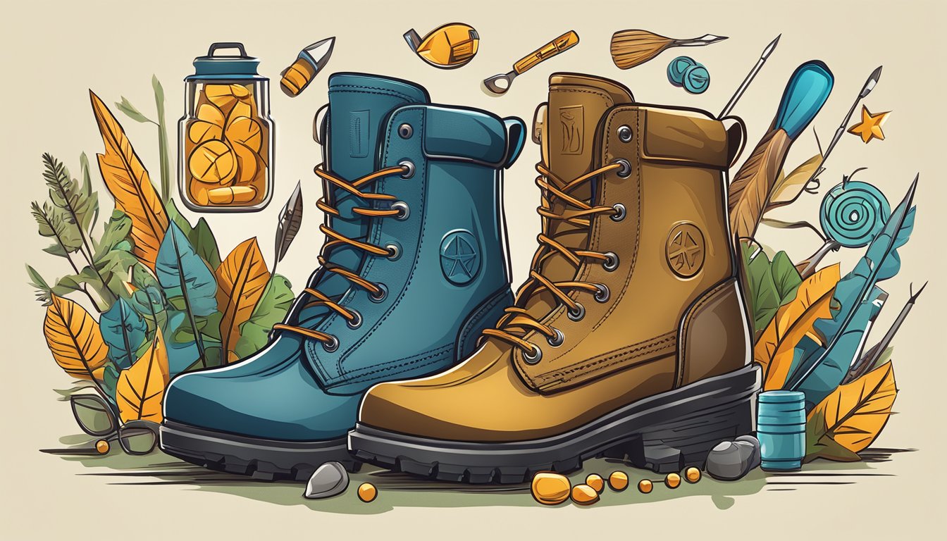 A pair of sturdy youth hunting boots surrounded by various rewards and savings symbols and icons