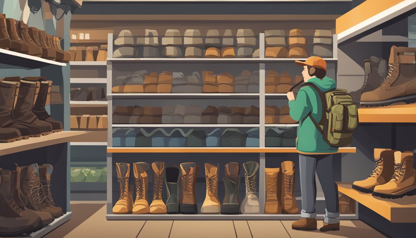 A hunter selects the best youth hunting boots from a display shelf in a well-lit outdoor store