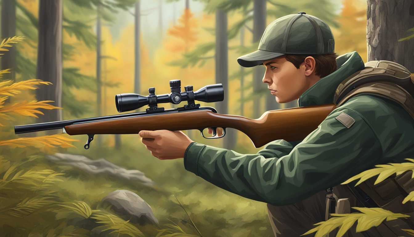 A young hunter aiming a rifle at a distant target in a serene forest clearing. The rifle is fitted with a high-quality scope, and the shooter exhibits a steady and focused stance