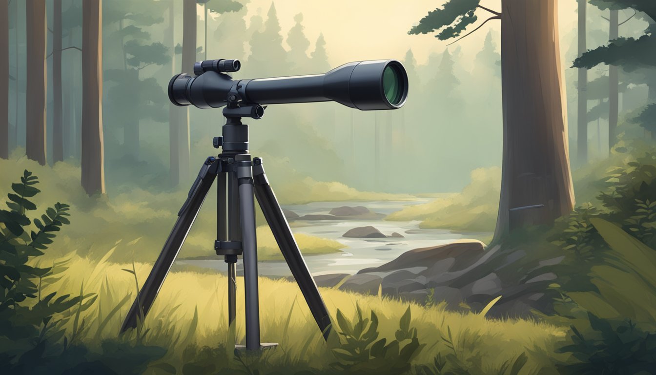 A sturdy tripod stands on uneven ground, supporting a rifle and binoculars. The surrounding environment is calm and serene, with a peaceful forest backdrop