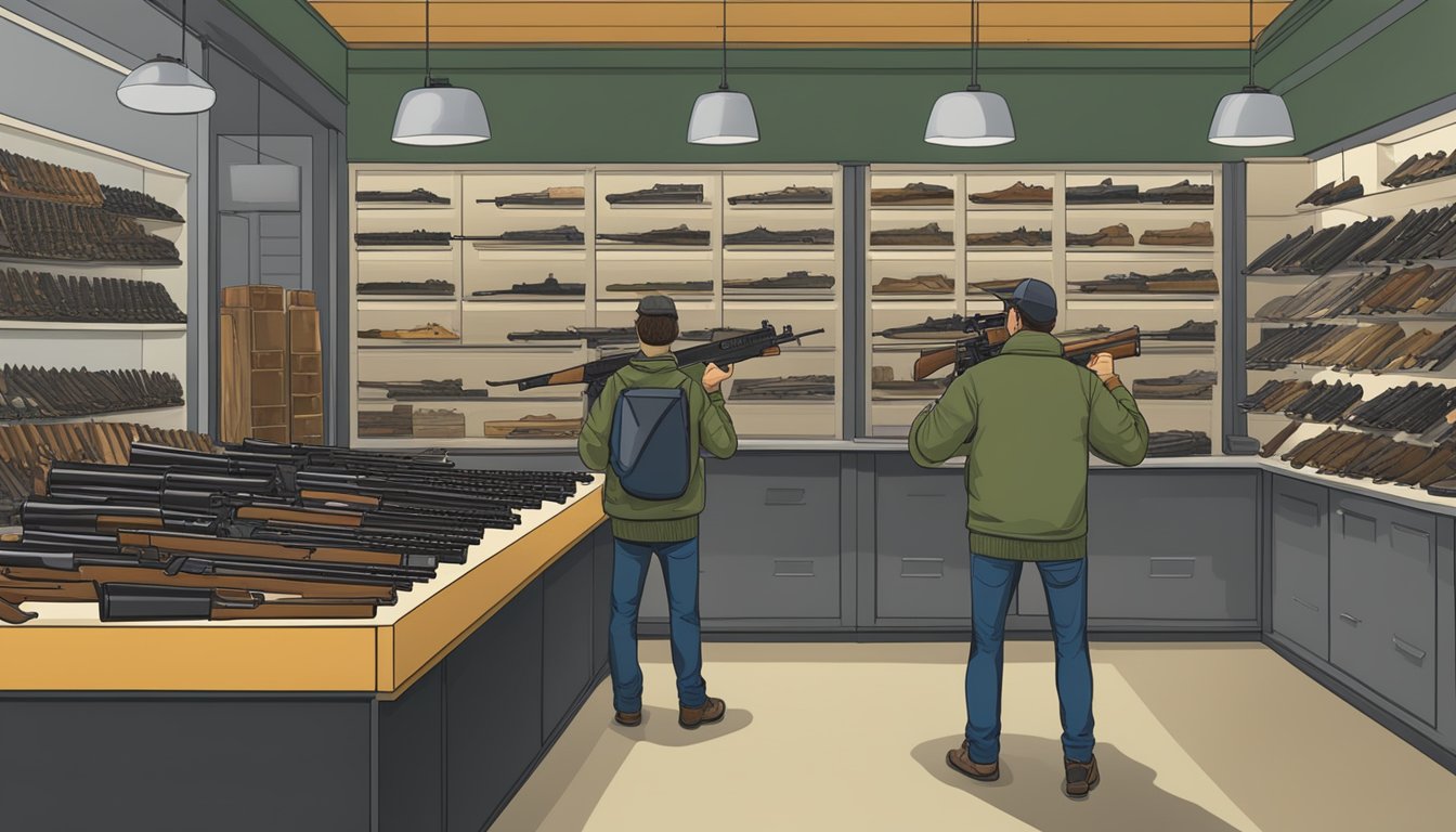 A hunter comparing various rifles and ammunition at a gun store counter