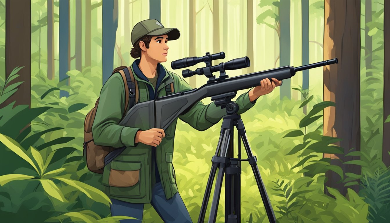 A young hunter sets up a sturdy tripod in a lush forest clearing, surrounded by tall trees and wildlife