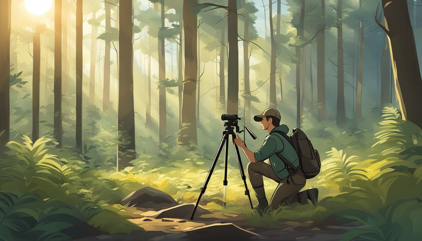 A young hunter sets up a lightweight, adjustable tripod in a forest clearing. The sun filters through the trees as they prepare for their next shot