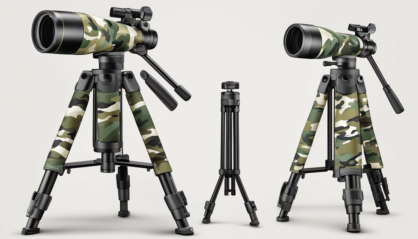 A sturdy tripod with adjustable legs and a swivel head, designed for outdoor use with camouflage pattern and lightweight materials