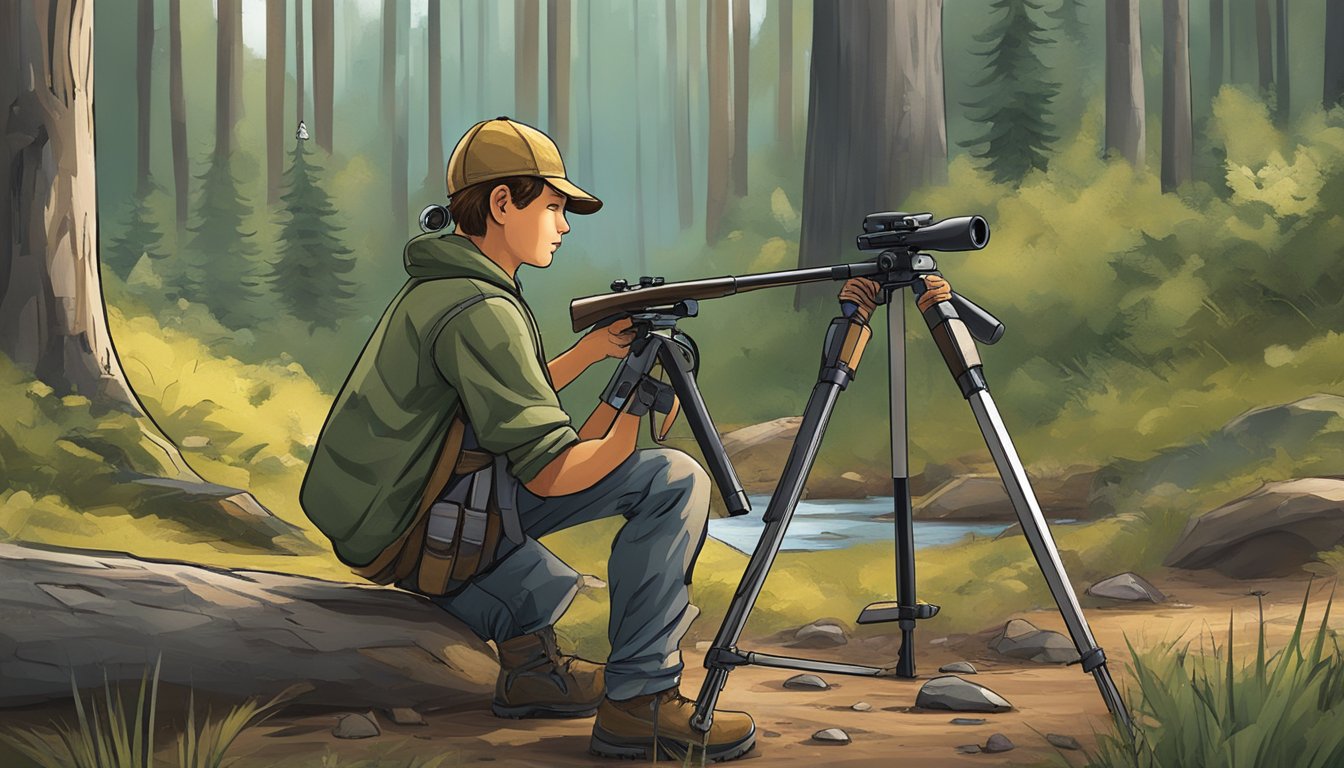 A youth hunter sets up a sturdy tripod in the wilderness, ensuring stability and proper maintenance. Safety tips are posted nearby