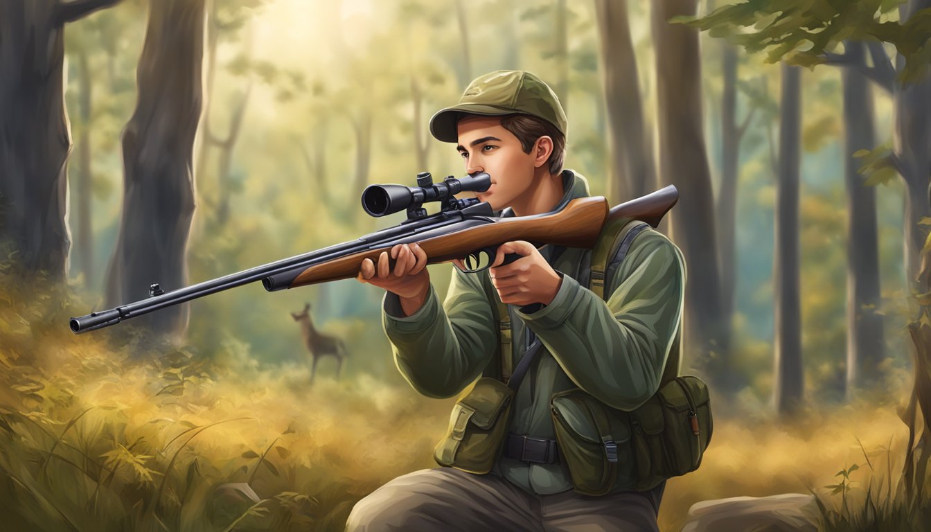 A young hunter holding a rifle with a short barrel and lightweight stock, surrounded by nature