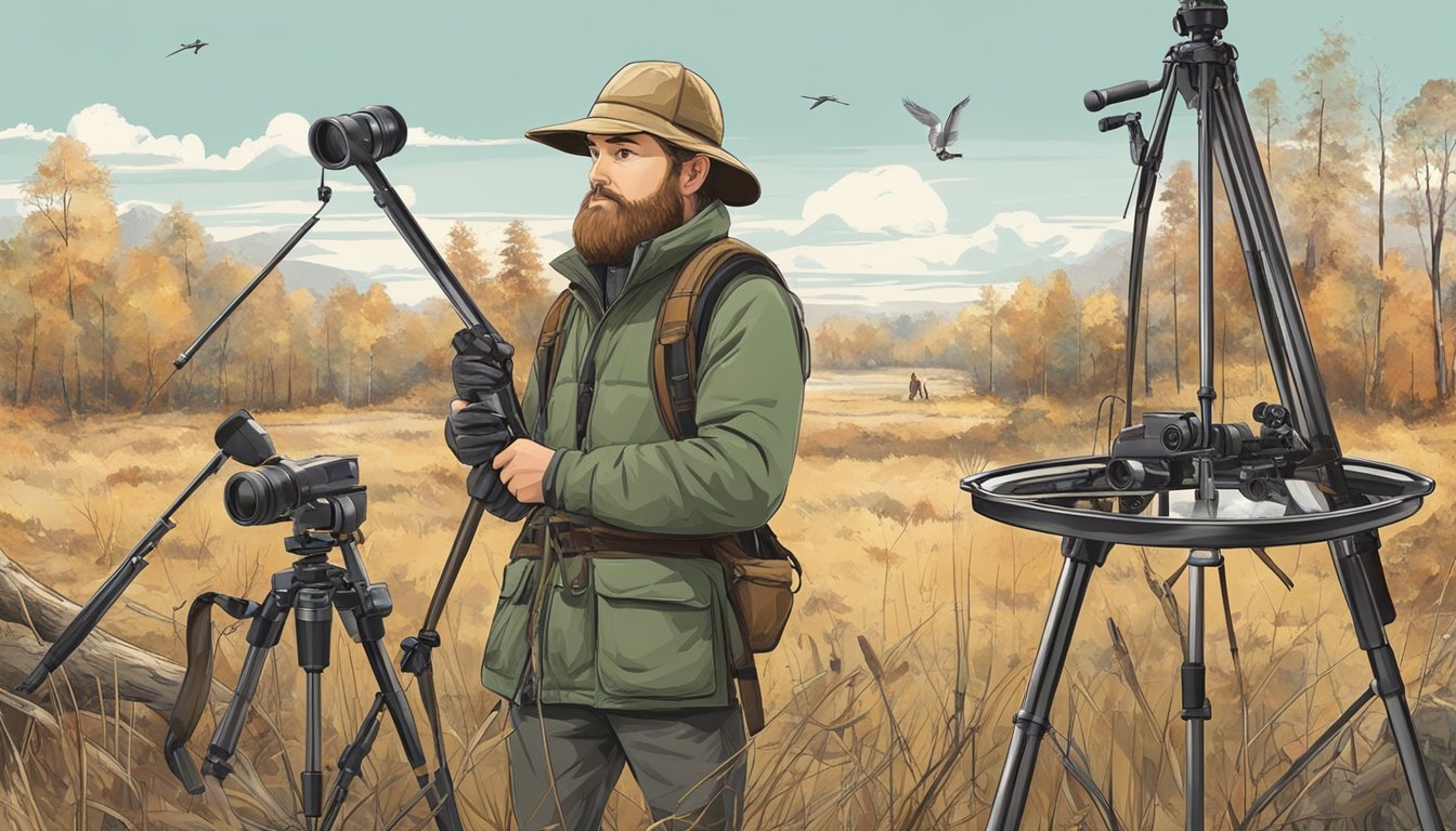 A young hunter carefully chooses a tripod from a selection of different styles and sizes, with various hunting environments in mind