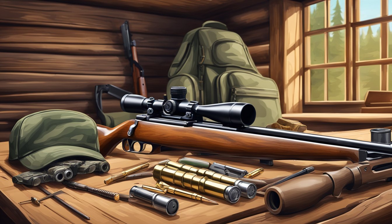 Ammunition and hunting accessories arranged on a wooden table in a rustic cabin, with a hunting rifle and camouflage gear in the background