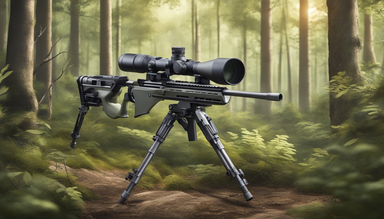 A sturdy tripod set up in a wooded hunting ground, with a rifle mount and camouflage cover for optimal shooting