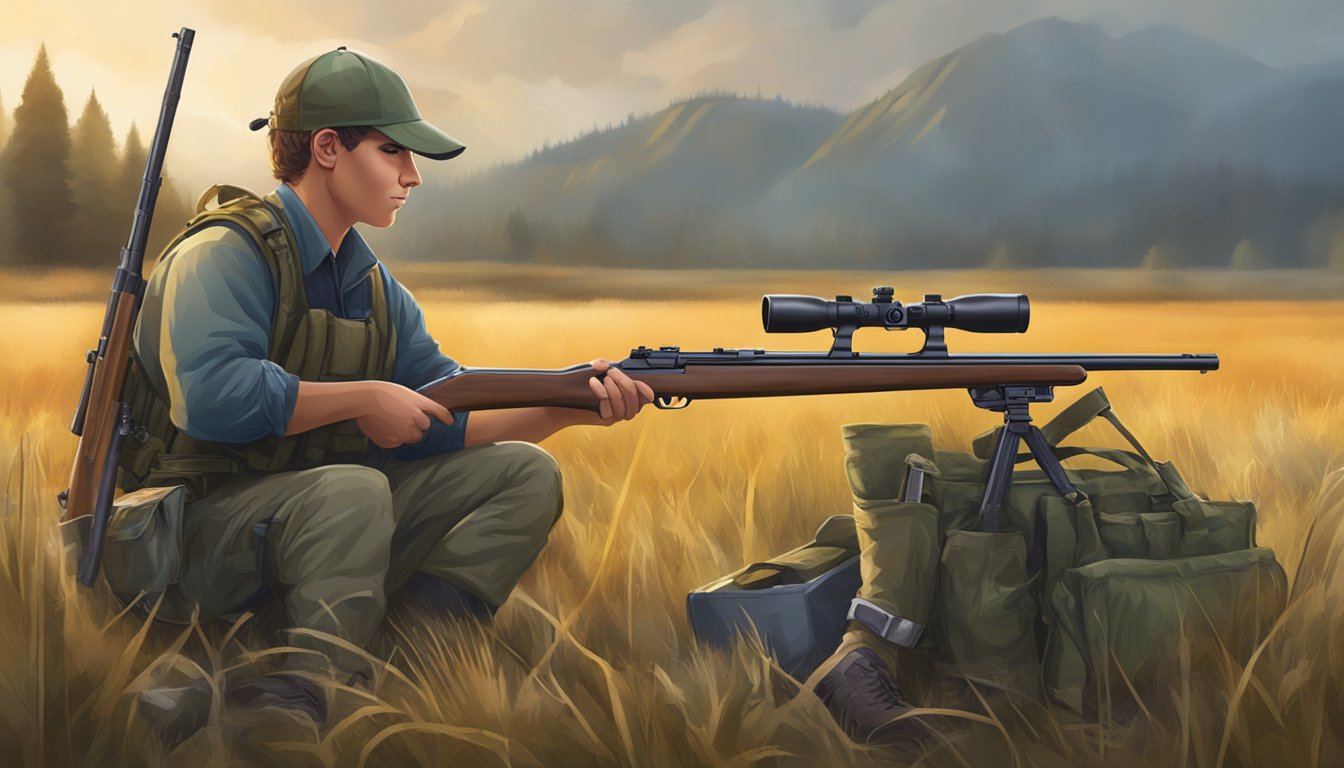 A young hunter carefully loads a rifle in a field, surrounded by safety gear and equipment