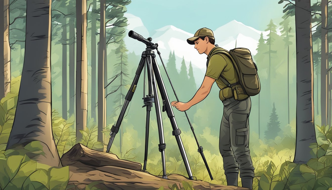 A young hunter sets up a sturdy tripod in a forest clearing, preparing for a successful hunting trip