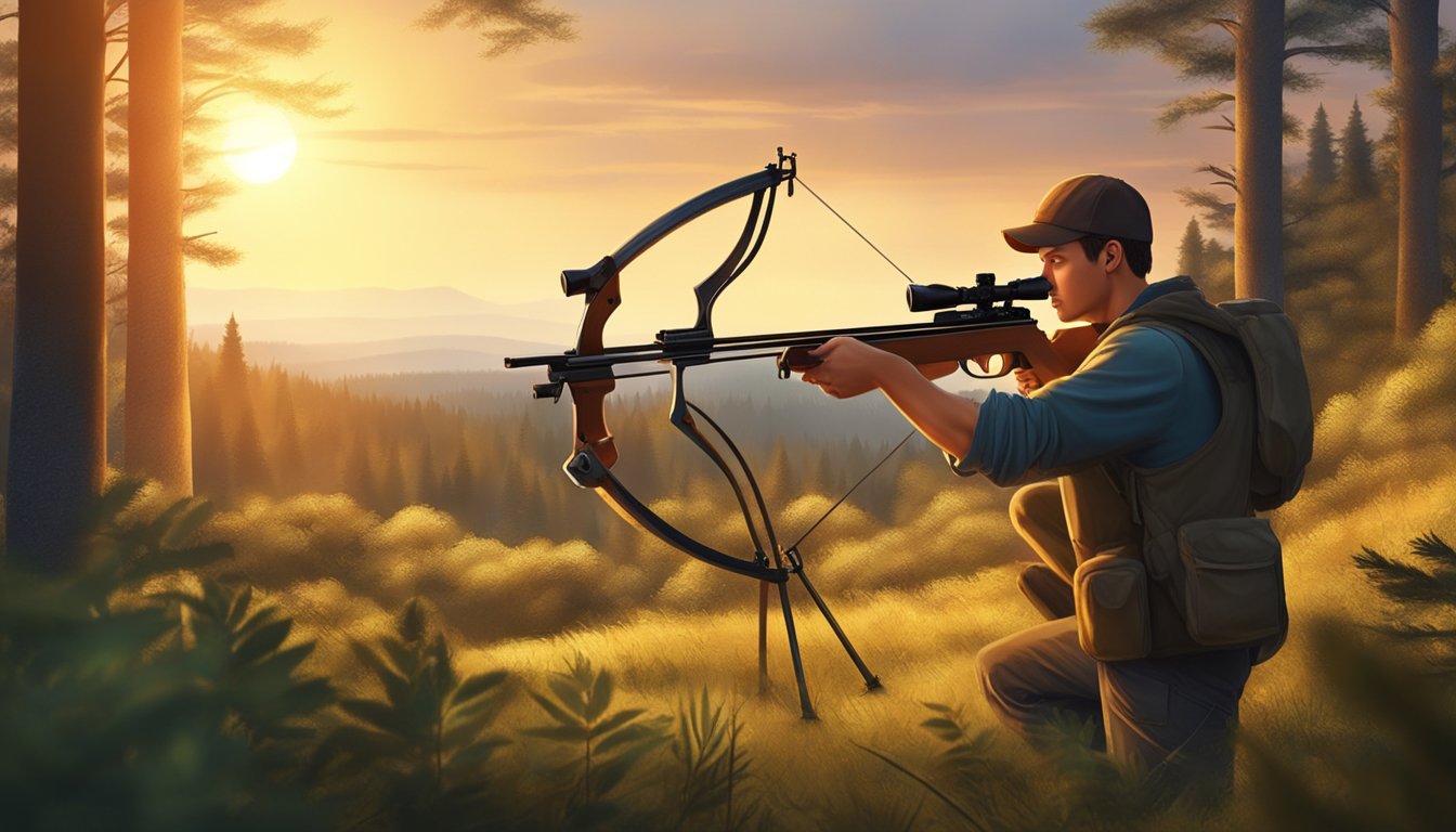 A young hunter aims a crossbow at a target in a forest clearing. The sun sets behind the trees, casting a warm glow on the scene