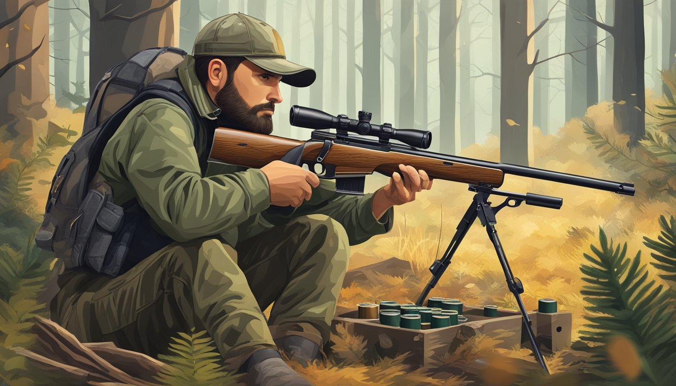 A hunter holding a rifle, surrounded by spent cartridges and a target with precise shots in a forest clearing