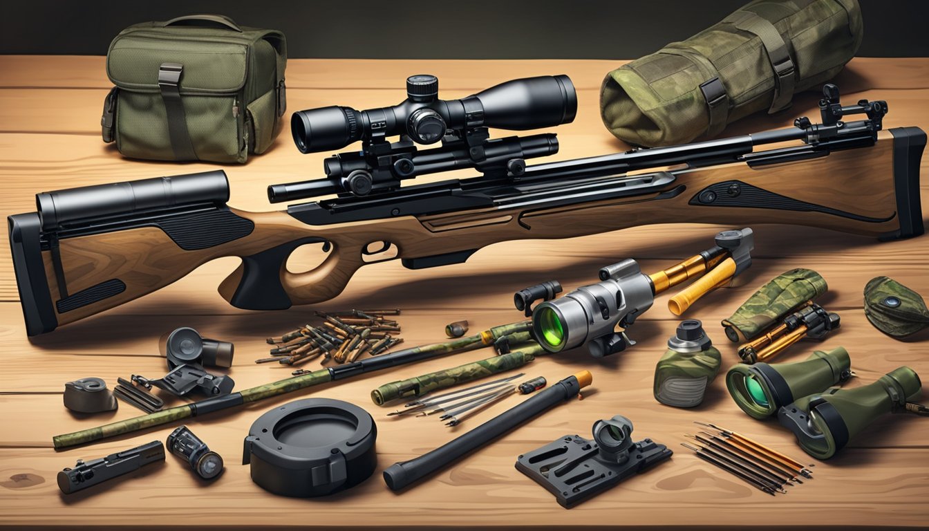 A youth hunting crossbow surrounded by various accessories and enhancements, such as scopes, arrows, and camo gear, laid out on a wooden table