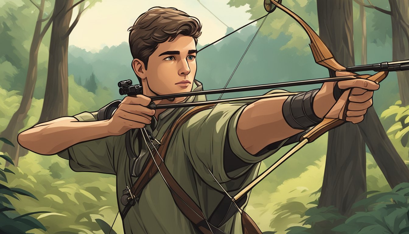 A young archer aims a crossbow at a distant target in a wooded area, surrounded by trees and wildlife