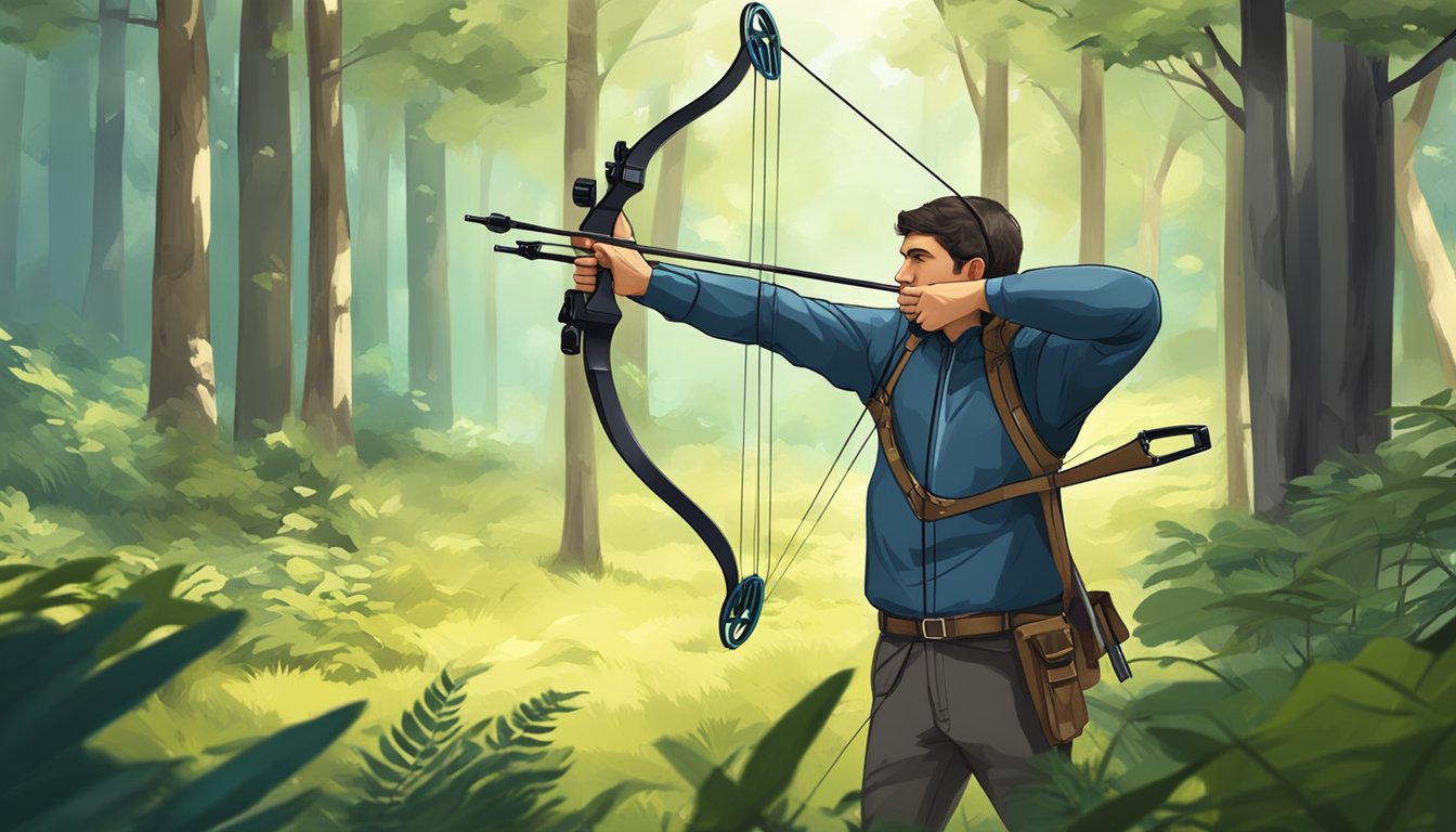 A young archer draws back a compound bow, aiming at a target in a forest clearing