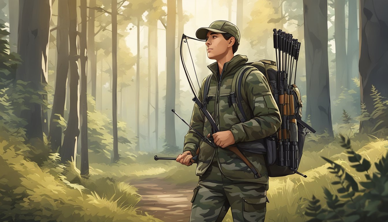 A young hunter standing in a forest clearing, wearing camouflage clothing and carrying a lightweight compound bow. Nearby, a backpack with various hunting gear