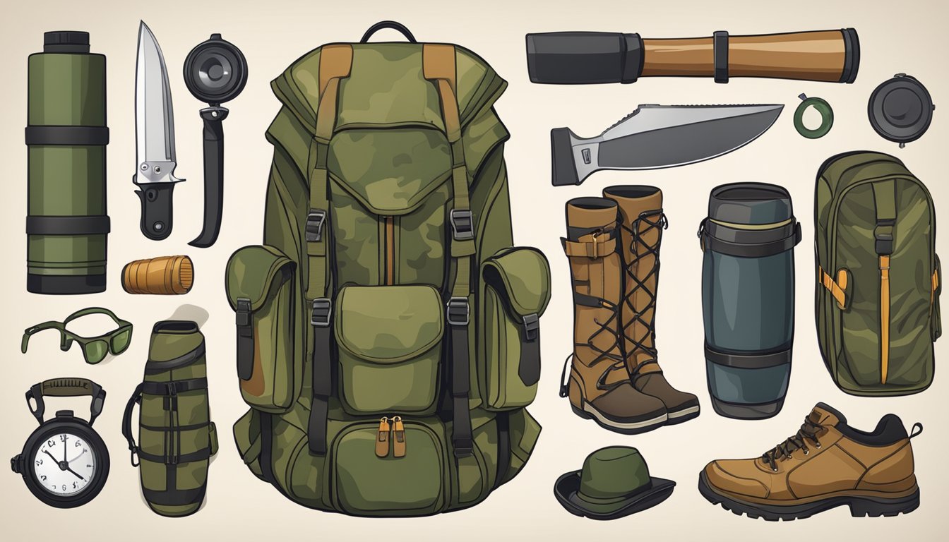 A young hunter's gear laid out on a wooden table: camouflage jacket, boots, binoculars, hunting knife, and a backpack