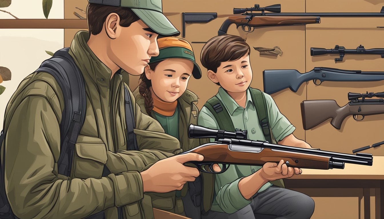 A young hunter carefully selects a firearm from a display of youth hunting gear, while an instructor demonstrates proper safety measures