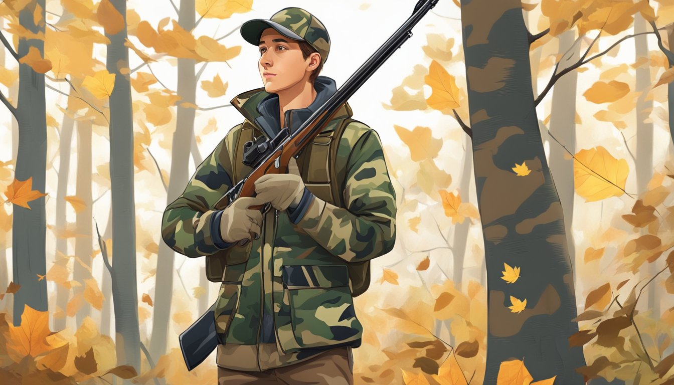 A young hunter wearing a camouflage jacket, boots, and a hat, holding a rifle, standing in a forest clearing with trees and fallen leaves