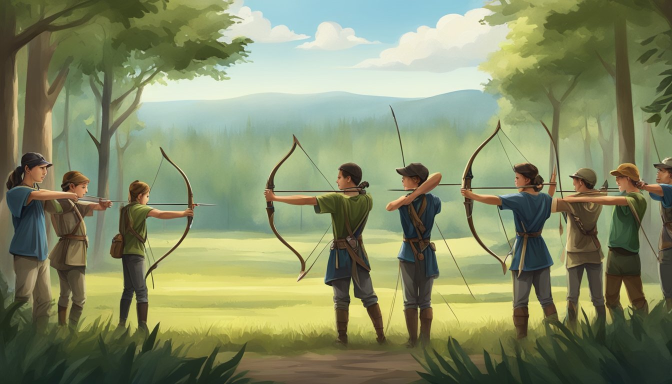 A group of young archers receiving safety and training instruction, surrounded by a forested hunting ground