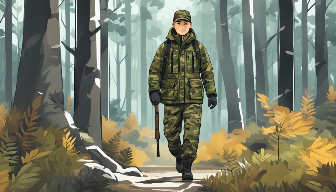 A young hunter walks through a dense forest, wearing a durable and insulated youth hunting jacket with multiple pockets and camouflage patterns