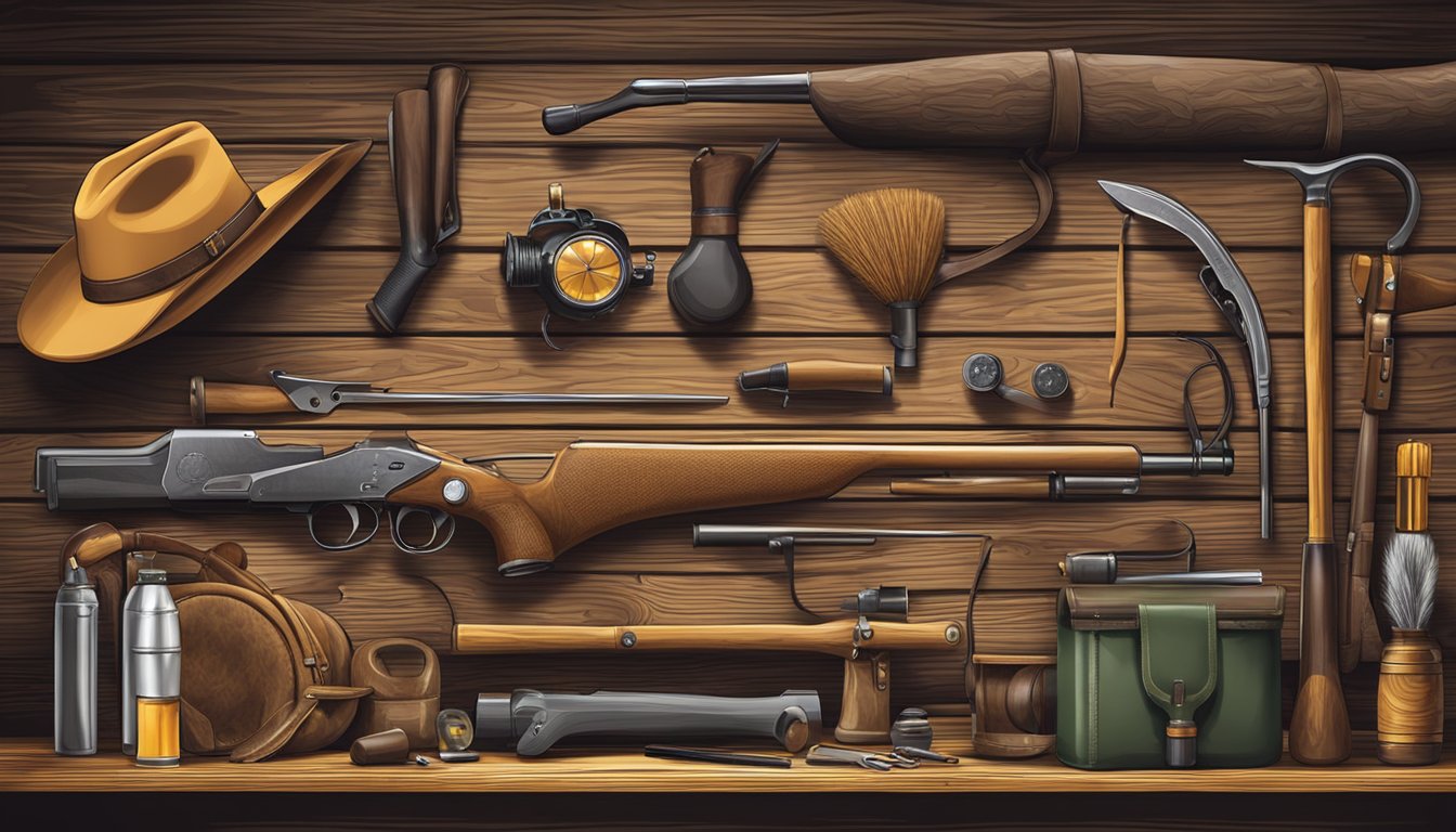 A collection of hunting accessories and tools arranged neatly on a wooden table in a rustic cabin