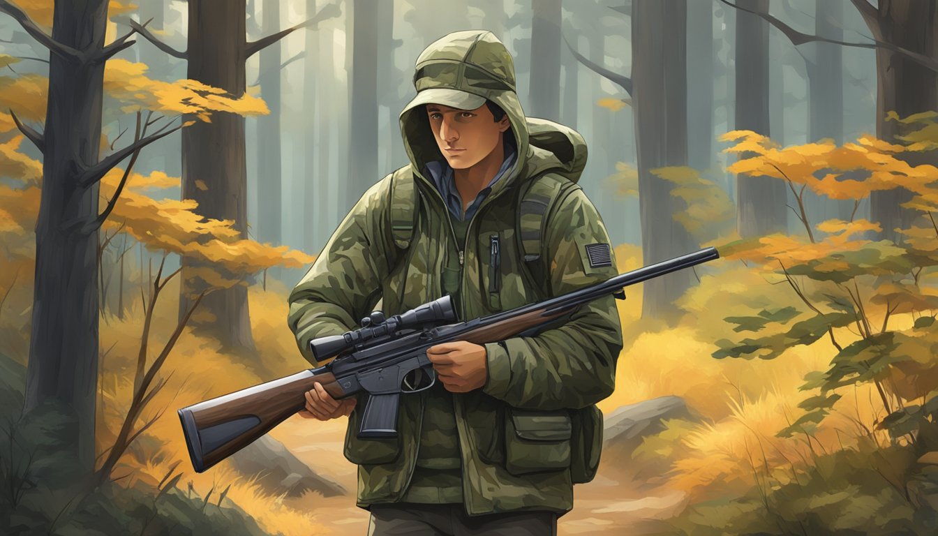 A young hunter wearing a camouflage jacket, with multiple pockets and a hood, standing in a forest clearing with a rifle slung over their shoulder