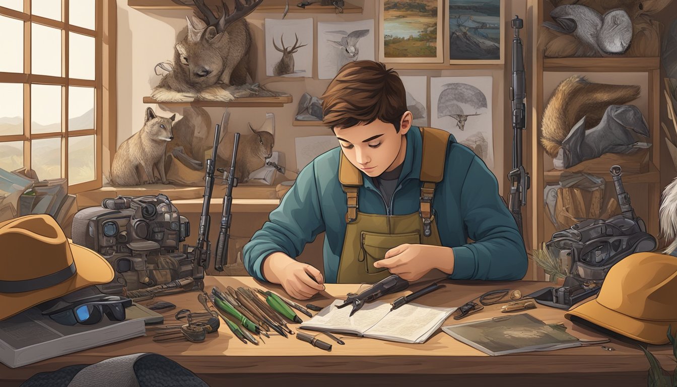 A young hunter carefully selects gear from a display, surrounded by posters on hunting education and ethics