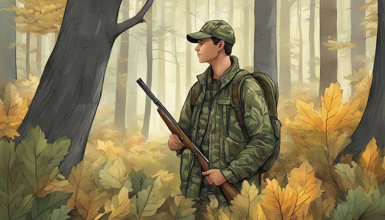 A forest setting with a youth hunting jacket blending into the foliage, using natural patterns and colors for camouflage