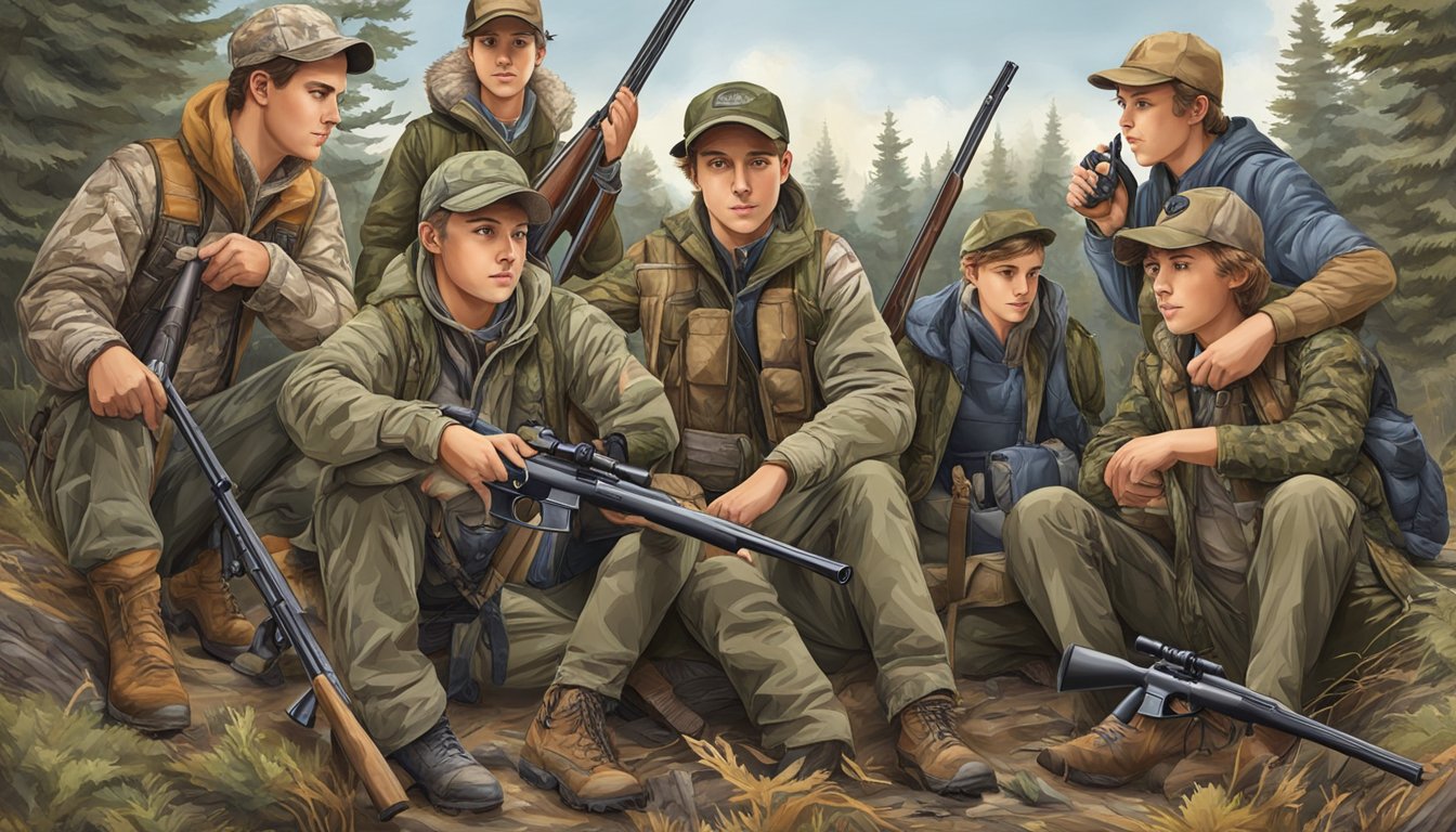 A group of young hunters gather around a display of hunting gear, trying on camouflage clothing and testing out binoculars and rifles