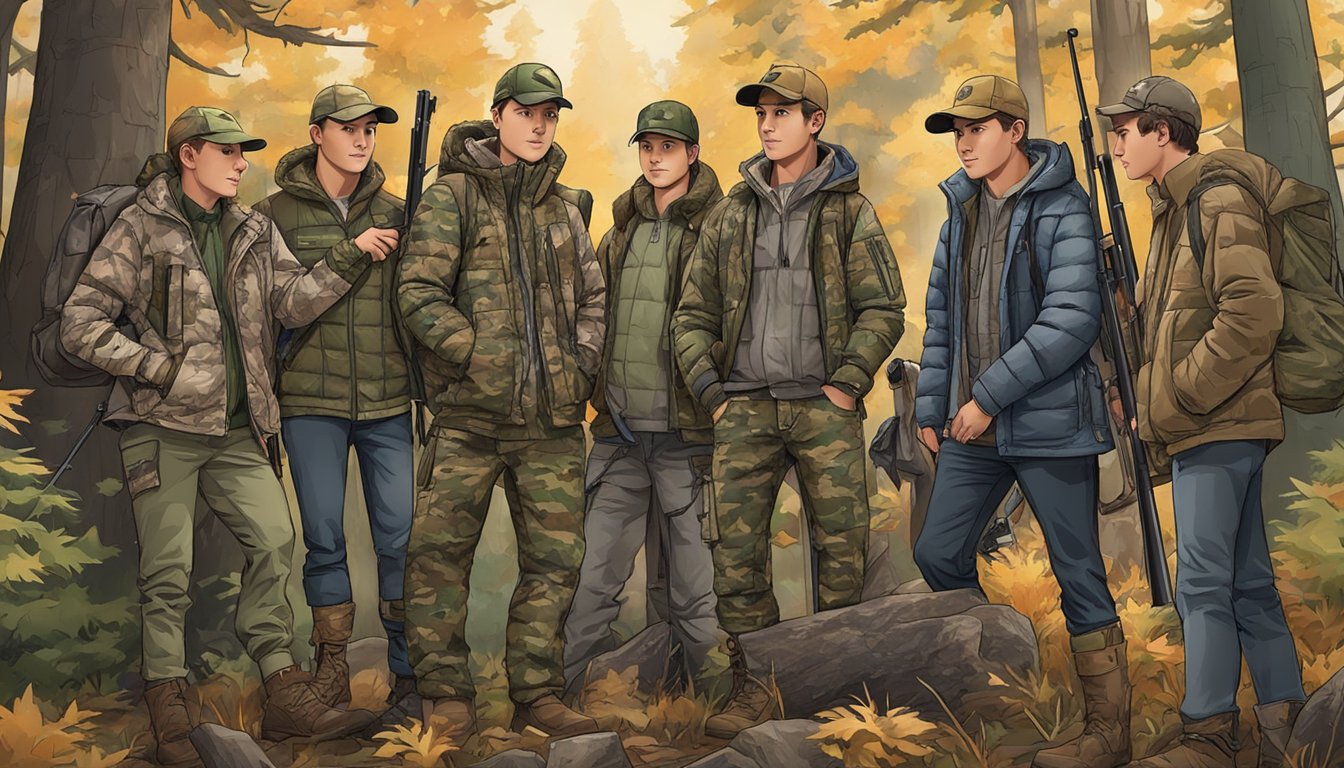 A group of young hunters wearing camouflage jackets gather around a display of top outdoor brands at a hunting gear store