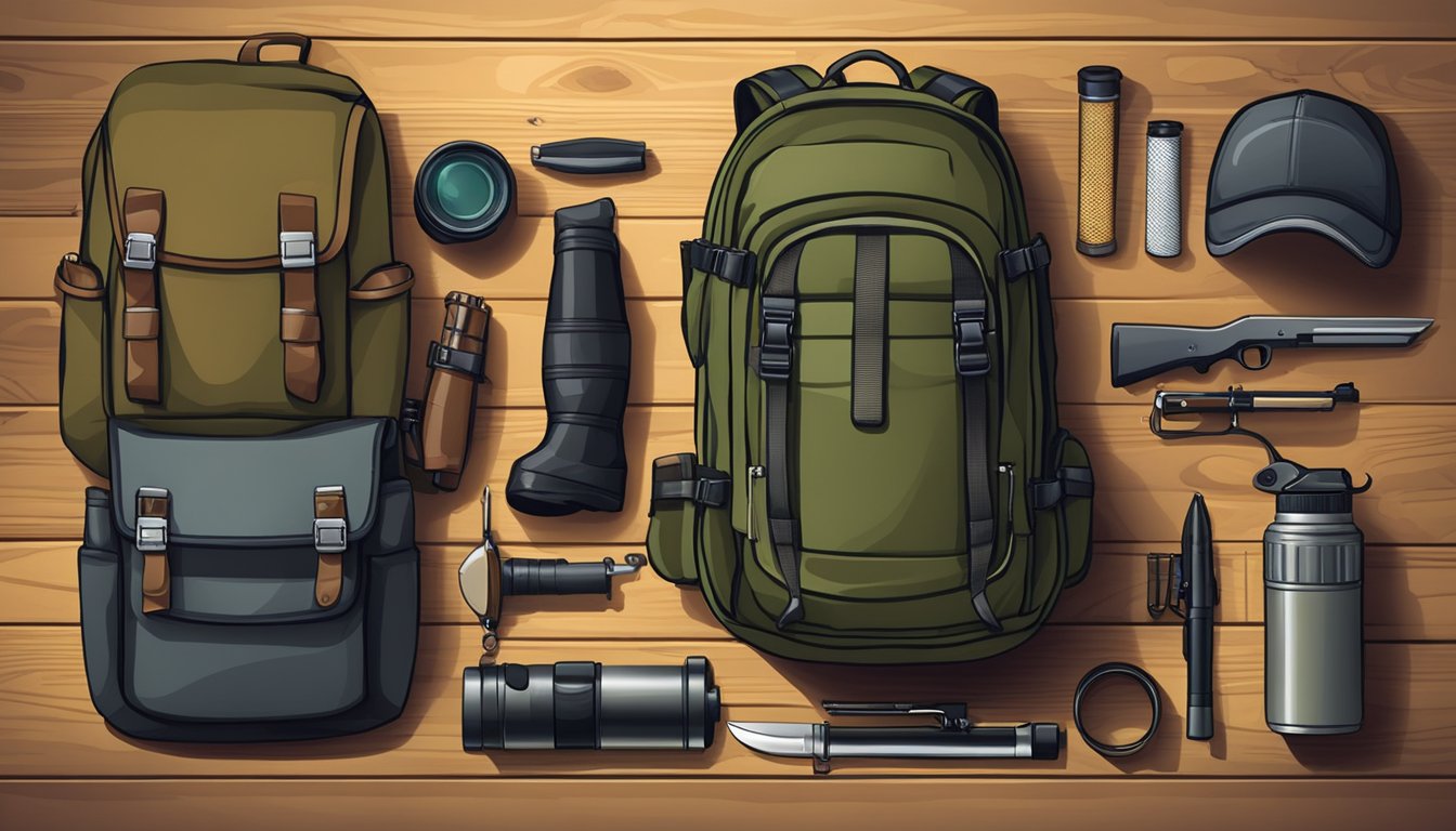 A backpack with hunting gear laid out on a wooden table, including a rifle, camouflage clothing, binoculars, and a hunting knife