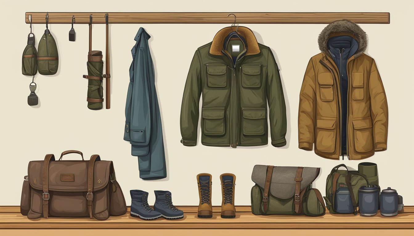 A young hunter's jacket hung neatly on a wooden hanger, surrounded by hunting gear and outdoor equipment