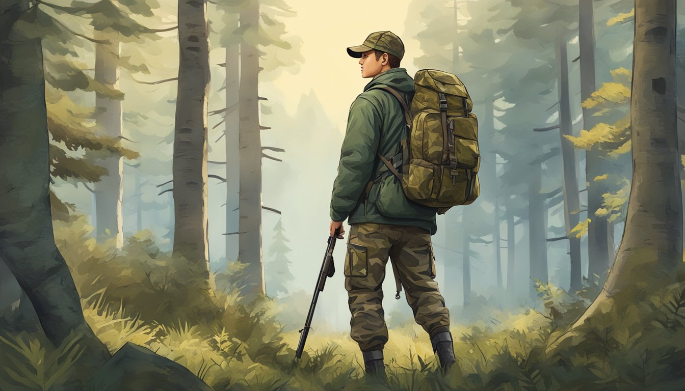 A young hunter stands in a forest clearing, wearing camouflaged clothing and carrying a backpack filled with essential hunting gear