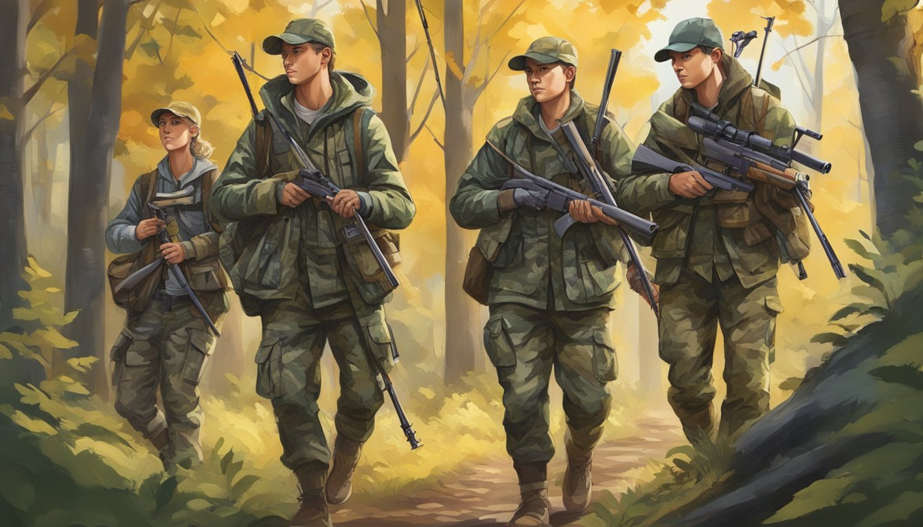 A group of young hunters wearing camouflage jackets and pants, carrying rifles and bows, walking through a forest